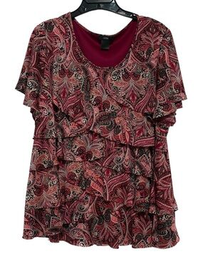 Layered Paisley Flutter-Sleeve Top - Burgundy